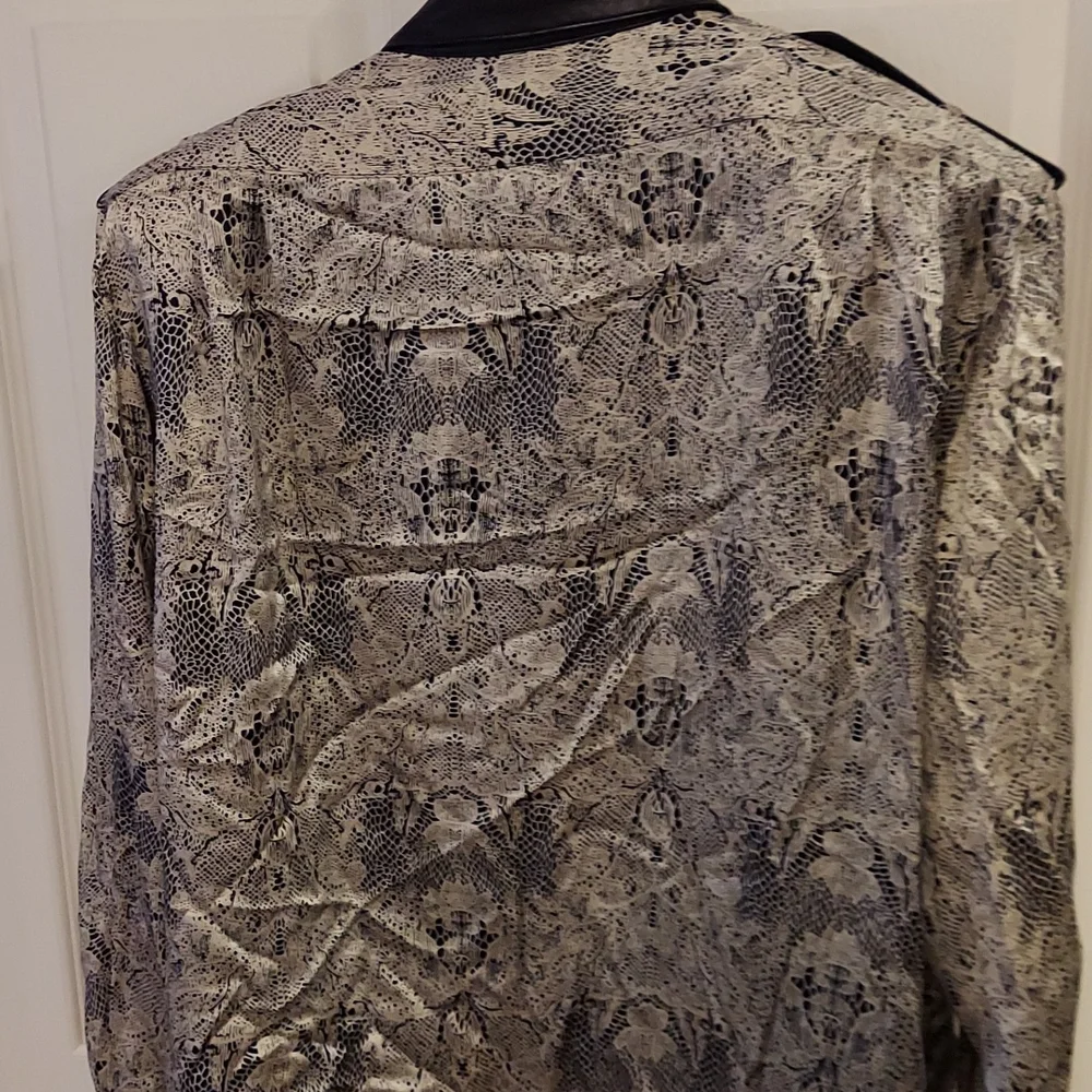 Vintage La Rue des Reves Soho Silk Button Down Blouse Faux Leather Trim